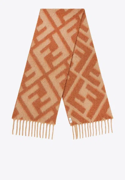 Fendi Ff Monogram Alpaca Wool Scarf In Brown