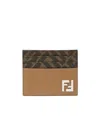 Fendi Squared Leather Card Holder With Ff Fabric Accents In Brown