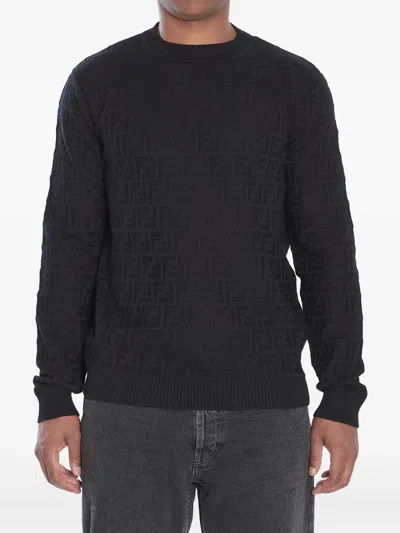 Fendi All Over Knit Round Neck Long Sleeves In Black