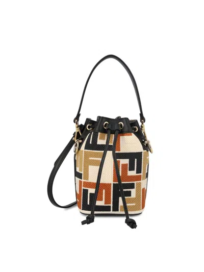 Fendi Ff Monogram Drawstring Bucket Bag In Brown