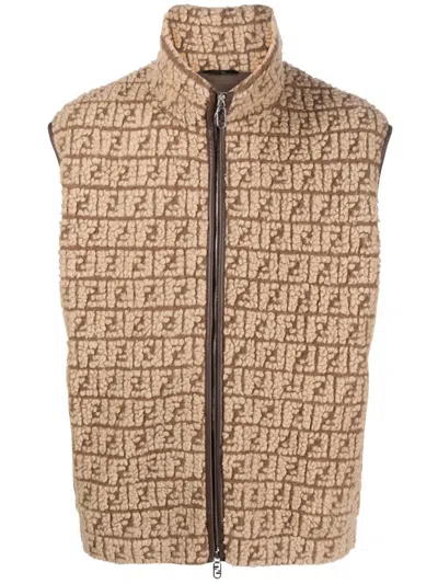 Fendi Ff-monogram Fleece Gilet In Brown