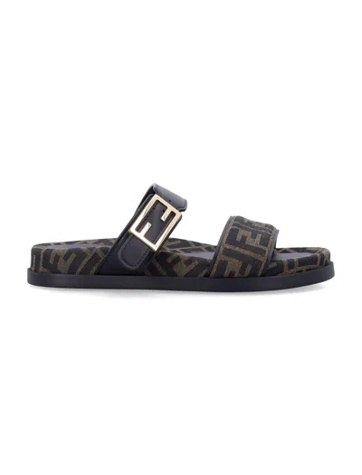 Fendi Leather Sandals With Double Strap And Buckle In Black