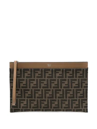 Fendi Ff-monogram Leather-trimmed Clutch Bag In Brown