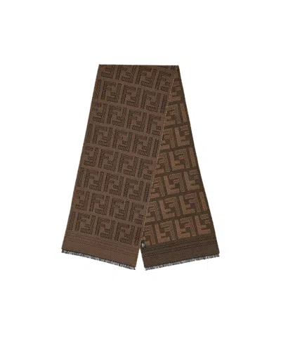Fendi Ff Monogram-pattern Frayed Scarf In Brown
