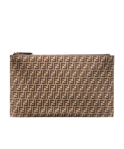 Fendi Ff-monogram Print Leather Clutch In Brown