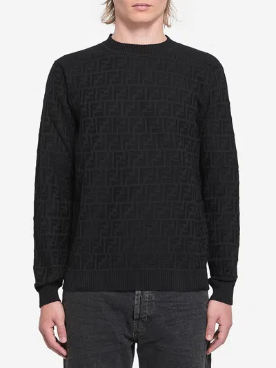 Fendi Ff Monogram Crew Neck Sweater In Black