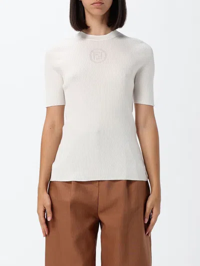 Fendi Ff Monogram Ribbed Cotton Short-sleeve Knit Top In White