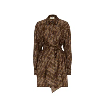 Fendi Women Brown Shirt Dress With Monogram Logo Print All-over In Silk Woman In Multi