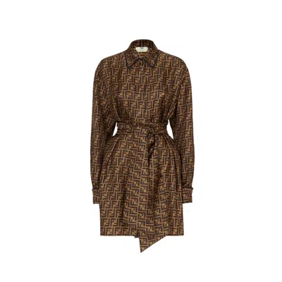 Fendi Ff Monogram Silk Mini Dress Women In Brown