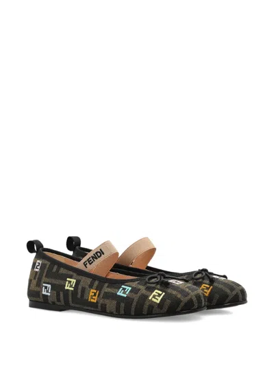 Fendi Kids Logo Embroidered Flats In Black