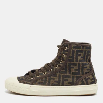Pre-owned Fendi Ff Motif Domino Size 41 Brown Zucca Canvas High Top Sneakers