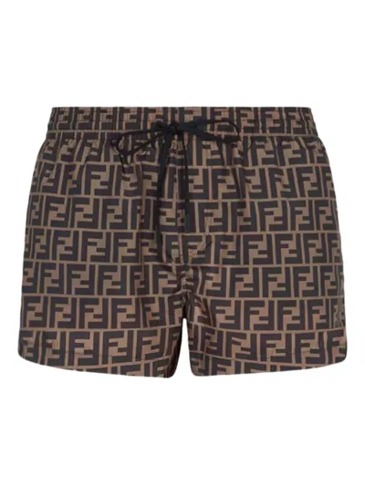 Fendi Tech Fabric With All-over Ff Pattern Swim Shorts In Brown