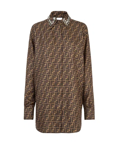 Fendi Ff-motif Embellished-collar Dress In Brown