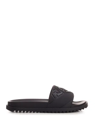 Fendi Ff Motif Embossed Slides In Black