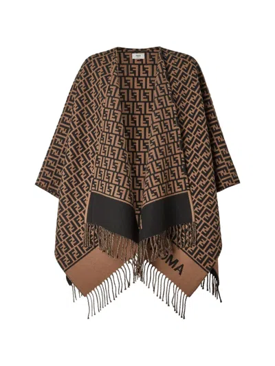 Fendi Geometric Patterned Square Poncho In Wool And Cashmere Blend In Brown