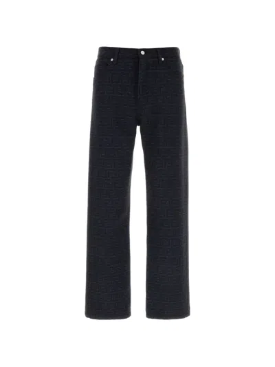 Fendi Embroidered Cotton Blend Trousers All Over Pattern In Blue