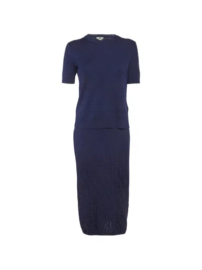 Pre-owned Fendi Ff Motif Jersey Midi Skirt Set In Blue