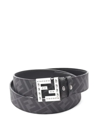 Pre-owned Fendi Ff-motif Leather Belt In Gray