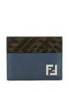 Fendi Leather And Ff Canvas Squared Card Holder In Blue