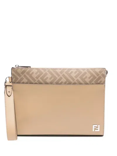 Fendi Ff-motif Leather Clutch Bag In Neutral