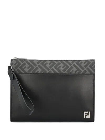 Fendi Ff Motif Leather Clutch In Black