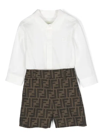 Fendi Babies' Ff-motif Long-sleeve Short Set In Brown
