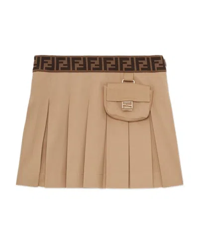 Fendi Girls Beige Cotton Pleated Skirt In Nude