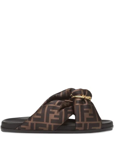 Fendi Feel Ff Satin Slide Sandals In Brown