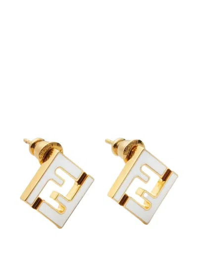 Fendi Ff Metal Enamel Stud Geometric Earrings In Gold