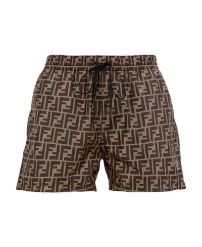 Fendi Tech Fabric With All-over Ff Pattern Swim Shorts In Brown