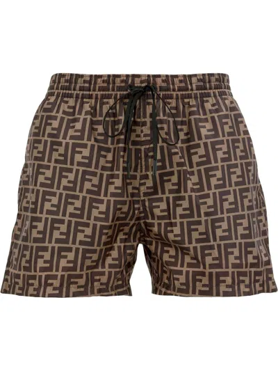 Fendi Tech Fabric With All-over Ff Pattern Swim Shorts In Brown