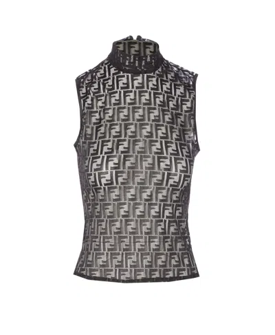 Fendi Women Black Crewneck Sleeveless Top With All-over Ff Motif And Rear Zip Closure In Tech Fabric