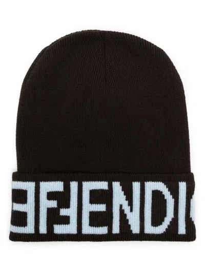 Fendi Ff-motif Turn-up Brim Beanie In 褐色