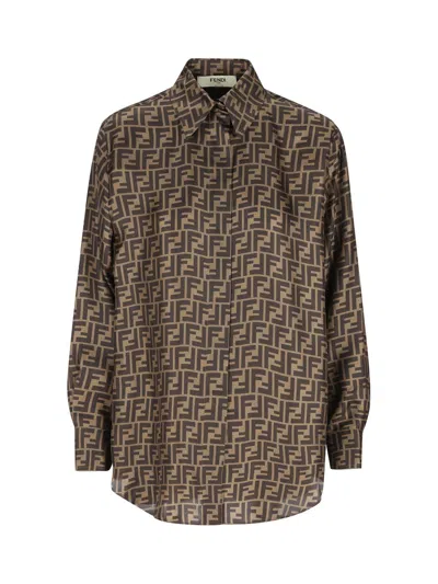 Fendi Silk Shirt With Curved Hem And Fabric-covered Buttons In Brown