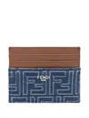 Fendi Blue Denim Effect Ff Jacquard Card Holder And Brown Leather Men In Blue