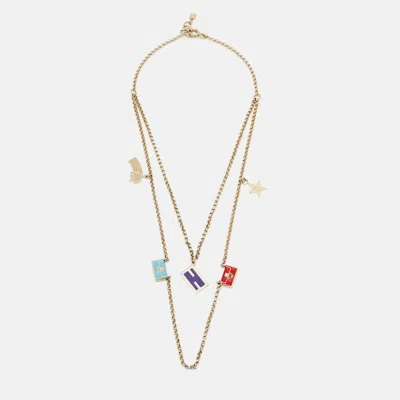 Pre-owned Fendi Ff Multi Charm Enamel Gold Tone Necklace