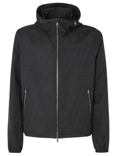 Fendi Ff Nylon Blouson With Zip And Hood In Black
