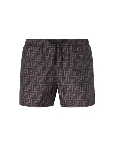 Fendi Tech Fabric With All-over Ff Pattern Swim Shorts In Brown