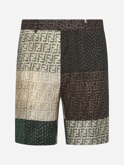 FENDI FF PATCHWORK LINEN BERMUDA SHORTS