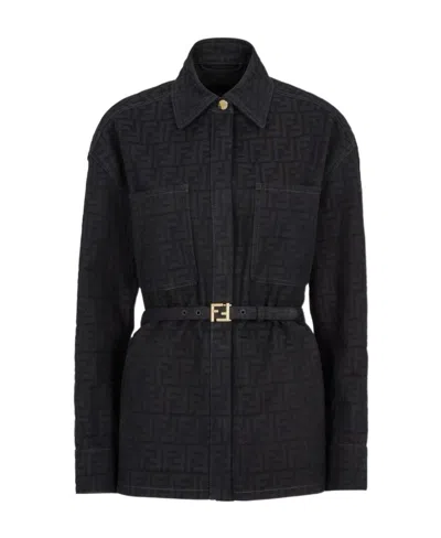 Fendi Ff-pattern Belted Jacket In Blue