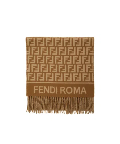 Fendi Women Beige Scarf With Logo Lettering On The Front And All-over Ff Motif In Wool Woman In Brown