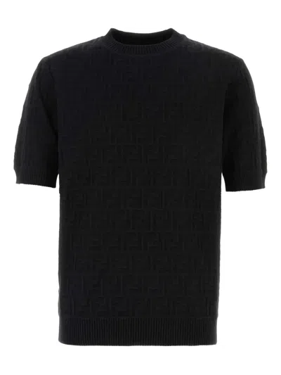 Fendi Men T-shirt In Knitted Cotton With Ff Jaquard Pattern In Black