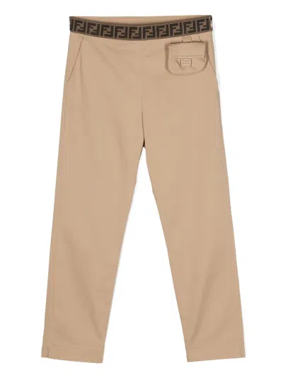 Fendi Kids' Ff-patterned Tapered Trousers In Neutrals
