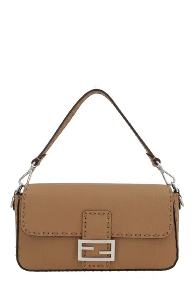 Fendi Ff Plaque Foldover-top Shoulder Bag In Emr Cappuccino Palladio