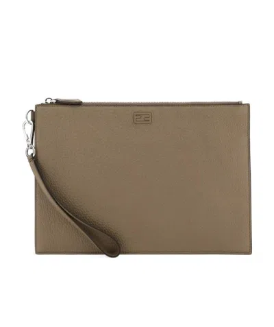 Fendi Ff-plaque Leather Clutch Bag In Brown