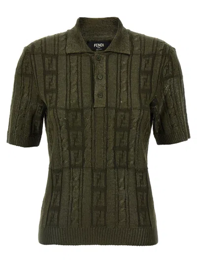 Fendi Ff Wool Blend Lurex Polo In Loden