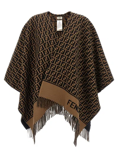 Fendi Women Brown Poncho With All-over Ff Motif And Logo Lettering Detail In Wool And Cashmere Woman