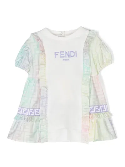 Fendi Babies' Ff-print Cotton Ruffled Dress In White