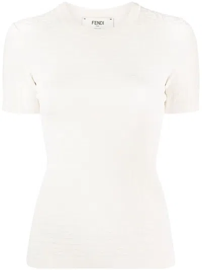 FENDI SESAME BEIGE RIBBED CREW NECK TOP WITH FF MOTIF FOR WOMEN