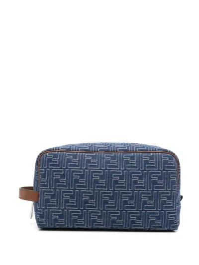 Fendi Blue Pouch With All Over Ff Motif In Cotton And Leather Blend Man